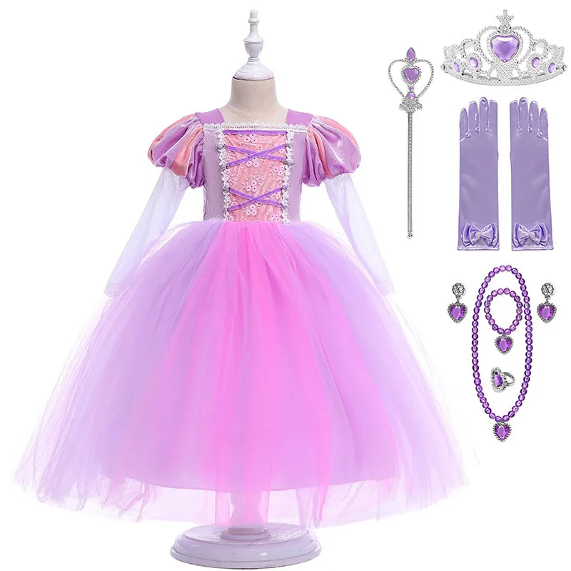 Dress Set 6 Костюм принцессы Рапунцель для девочек от 4 до 12 лет вечерние платья Рапунцель из тюля с длинными рукавами для костюмированной вечеринки - Цвет: Dress Set 6