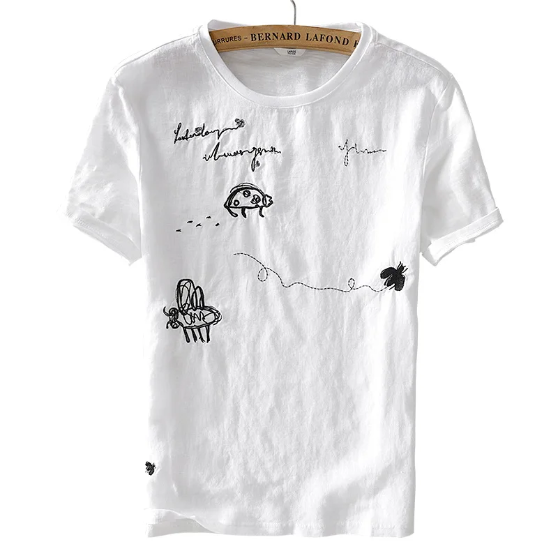 Summer cool new linen short-sleeved t-shirt exquisite trend male loose embroidery pattern stitching t shirt camisetas hombre | Мужская