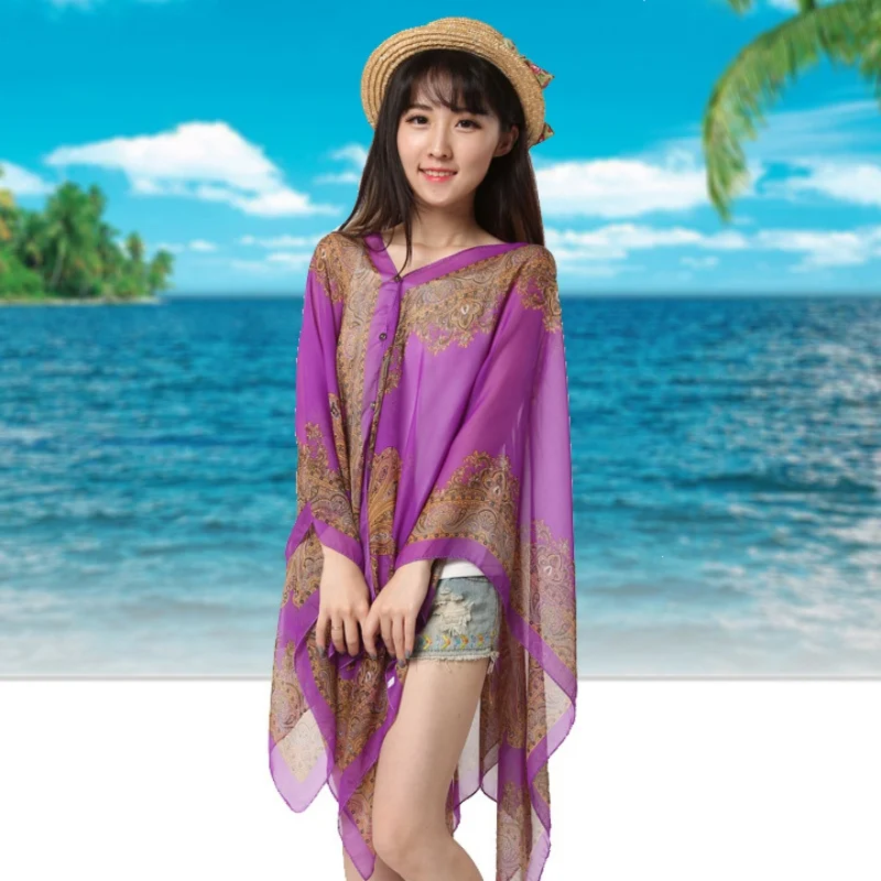 

ROPALIA Summer Women Floral Print Blouse 3/4 Sleeve Casual Beach Boho Cover Up Long Blusas Tops