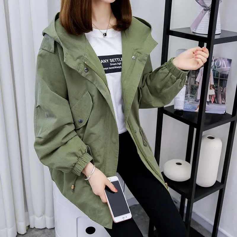 

Spring New Female Windbreaker Korean Leisure Long-sleeved Hooded Loose Fashion Big Size Slim Women's Jacket D111
