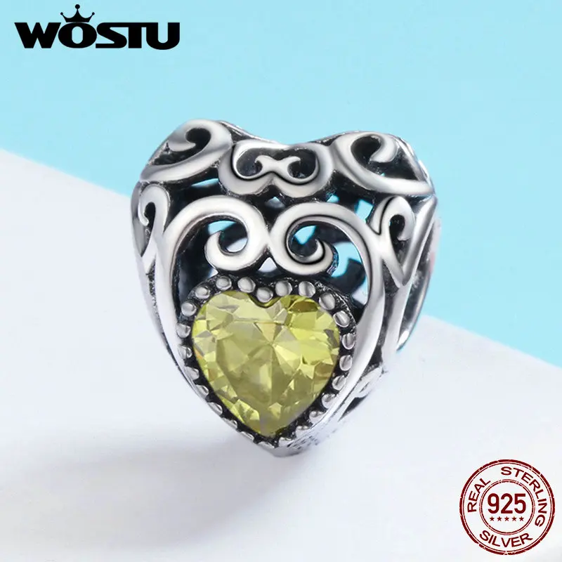 WOSTU из натуральной 925 пробы, серебро, 12 месяцев, камень рождения, фирменное сердце, бусины, подходят к оригинальному браслету, серебряные ювелирные изделия DXC573