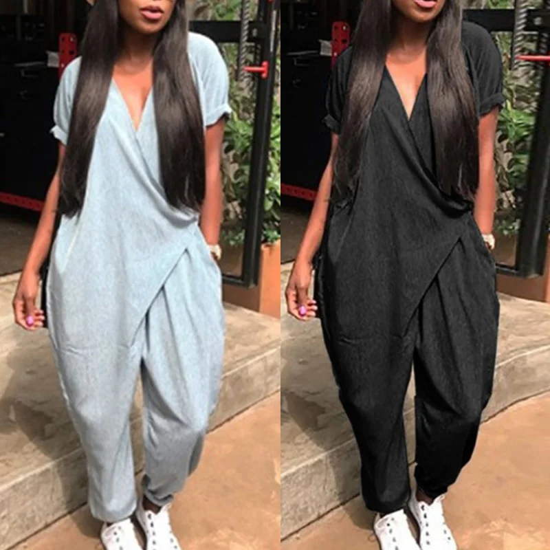 Women V Neck Loose Short Sleeve Solid Color Jumpsuit for Summer Beach Party GDD99