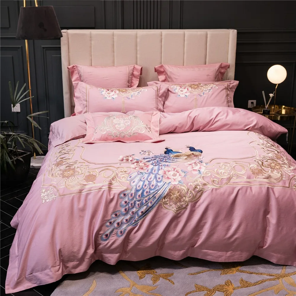 Noble 100S Egyptian cotton Embroidered Bedding sets Peacock Queen King Princess Duvet cover Bed sheet set Pillowcases 4/6pc Pink | Дом и сад