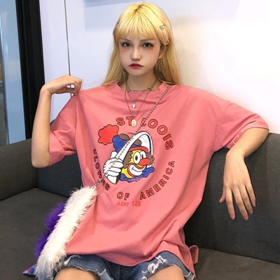 pink Kawaii Bunny вышивка корейский Харадзюку короткий рукав Футболка сараинг Стиль Круглый вырез половина рукав дикая женская футболка Топ - Цвет: pink