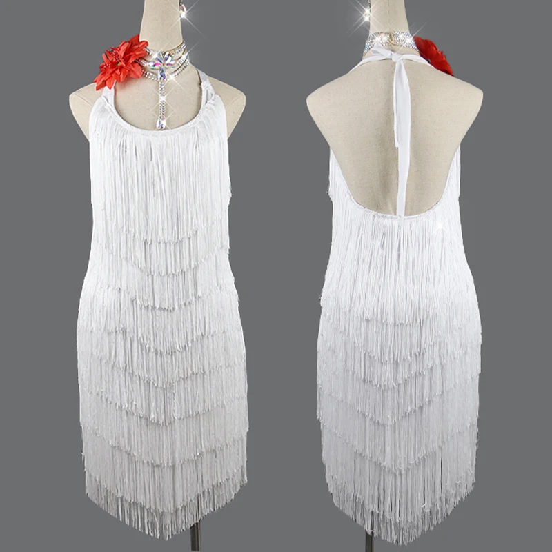 

2019 Latin Dance Dress For Women/Girls Full Tassels Falda Flecos Cha Cha/Rumba/Tango Dress White Fringe Dress Dance Dress VD399
