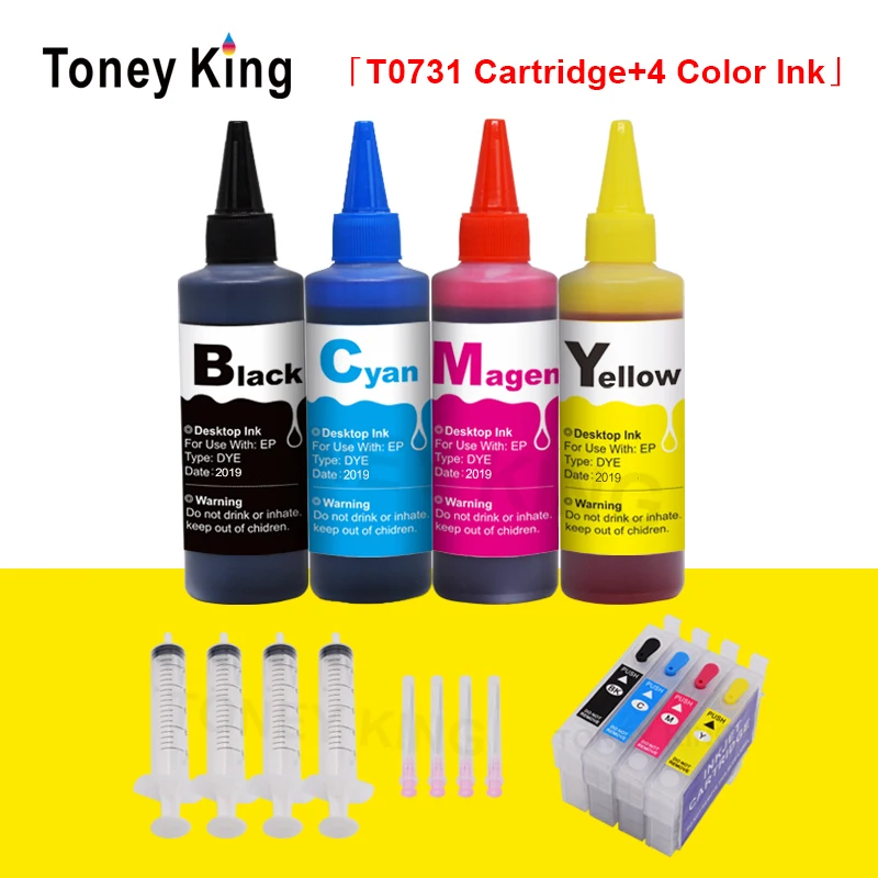 

T0731 73 Ink Cartridges for Epson Stylus office TX300F TX550W TX510FN TX600FW TX103 TX113 NX220 Printer + 4 Color 100ml Dye Ink