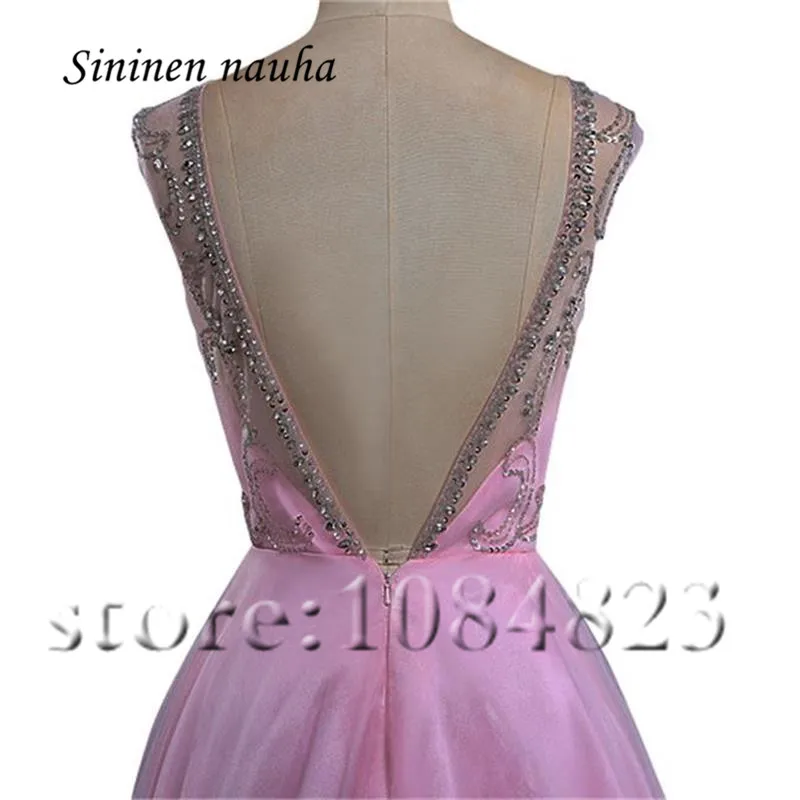 

Pink Long Evening Dresses Formal Dress Beaded Crystals Backless A Line Tulle Prom Gown Vestidos De Festa Robe De Soiree 200
