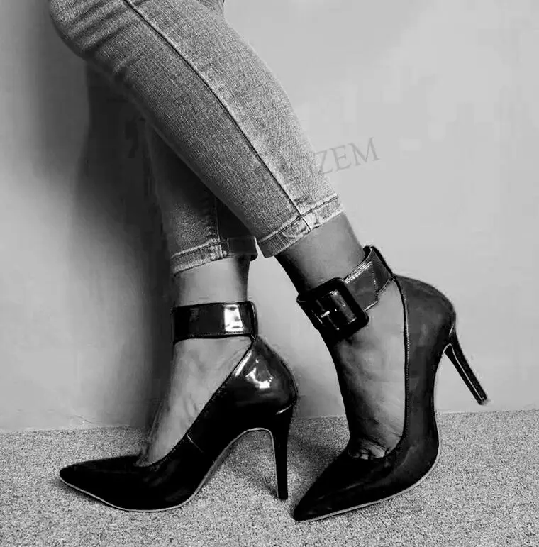 LGZ396 Black LAIGZEM/пикантные женские туфли-лодочки на каблуке блестящие босоножки с острым носком и пряжкой Дамская обувь на шпильке женская обувь; zapatos mujer; большие размеры 34-47 - Цвет: LGZ396 Black