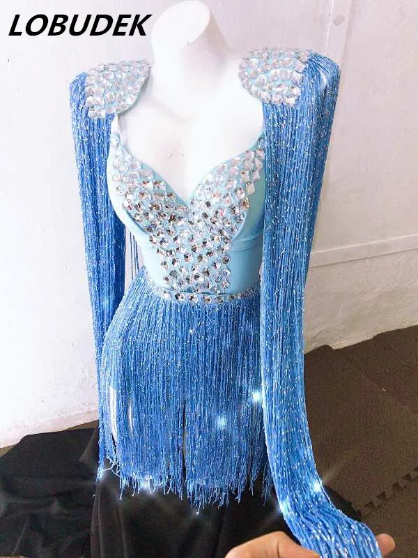

Women Blue V-neck Crystals Tassels Epaulet Bodysuit Dress Dancer Team Stage Outfit Sexy Nightclub DJ Singer Performance Costumes