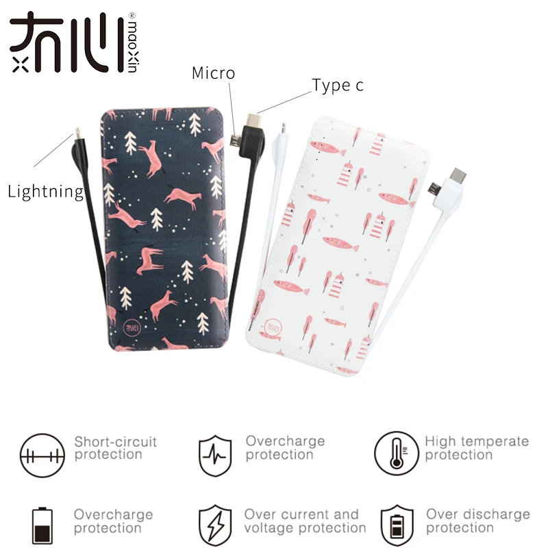 Внешний аккумулятор Liberfeel Maoxin со встроенным кабелем type c micro ios lighting 3 в 1 с двойным