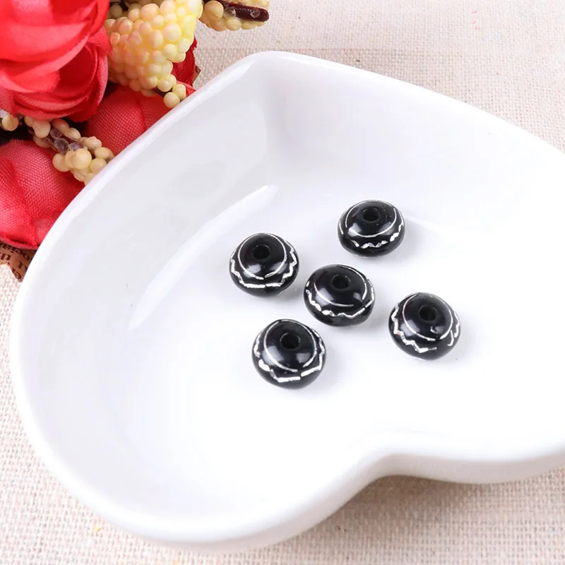 2018 новые черные серебряные полосатые круглые сплющенные бусины для изготовления