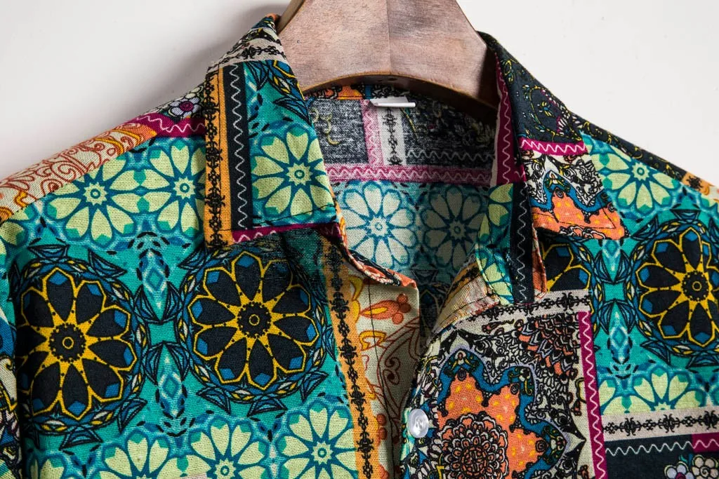 Мужские рубашки camisa повседневные этнические с коротким рукавом Гавайские мужские s рубашка с хлопком отложной воротник Мужская Блузка camisa masculina