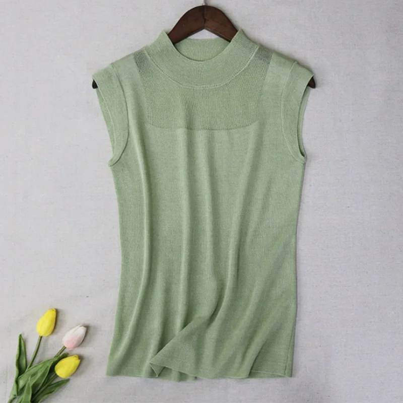 Зеленый Женская Ice Silk трикотажная тонкая Однотонная рубашка без рукавов с круглым вырезом элегантные женские блузки Летняя мода Женский Повседневный Топ один размер - Цвет: Зеленый