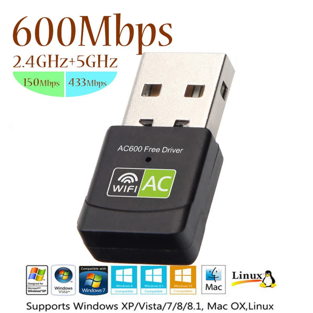 

Двухдиапазонная Wi-Fi-антенна Kebidu AC 600 Мбит/с, 2,4 ГГц + 5 ГГц, USB-адаптер Wi-Fi, беспроводная сетевая карта для Windows XP/Vista/7/8/8.1/10 Mac
