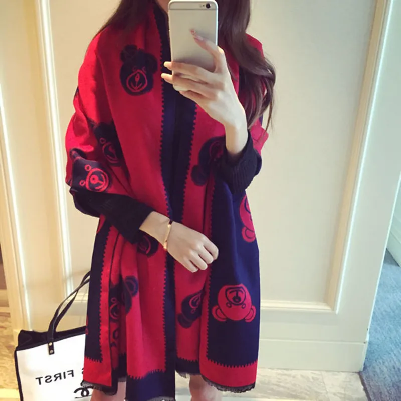 2Navy blue and red Кашемировый шарф, женский толстый теплый осенний зимний шарф, двухсторонний шарф из пашмины с рисунком медведя, шарфы, шаль - Цвет: 2Navy blue and red