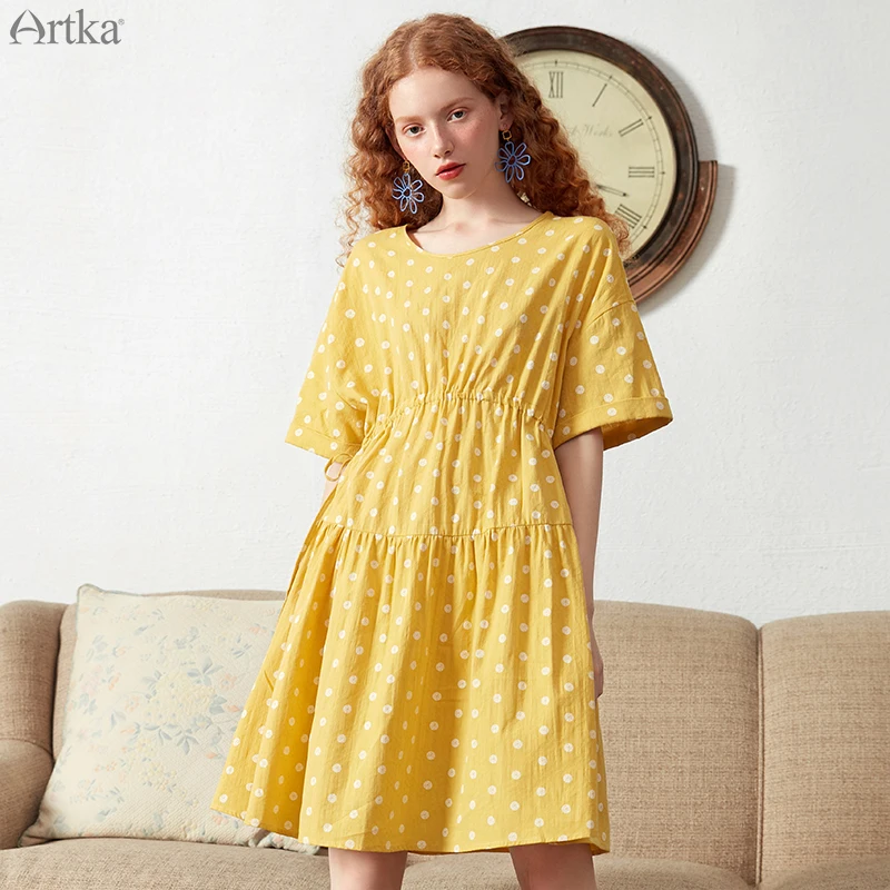 Женское платье в горошек ARTKA повседневное регулируемое с поясом на талии круглым