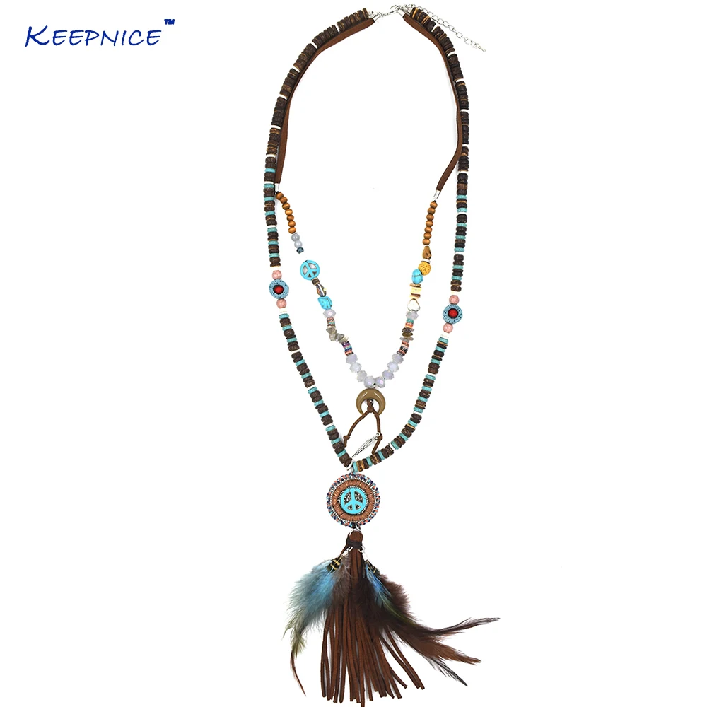 

Handmade Wooden Black Beads Chain FeatherTassel Pendants Moon Crescent Charms Statement Necklace Tribal Boho Bohemian Necklace
