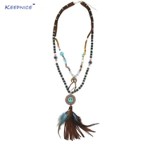 handmade wooden black beads chain feathertassel pendants moon crescent charms statement necklace tribal boho bohemian necklace