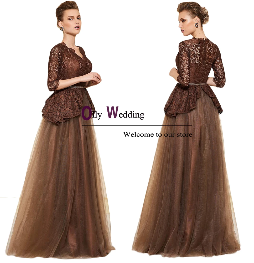 Коричневые платья в пол для матери невесты вечерние из тюля с рукавами три