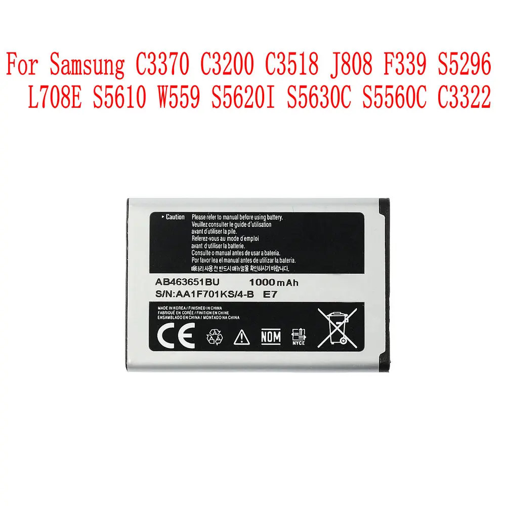 

Original AB463651BU 960mAh Battery For Samsung C3370 C3200 C3518 J808 F339 S5296 L708E S5610 W559 S5620I S5630C S5560C C3322