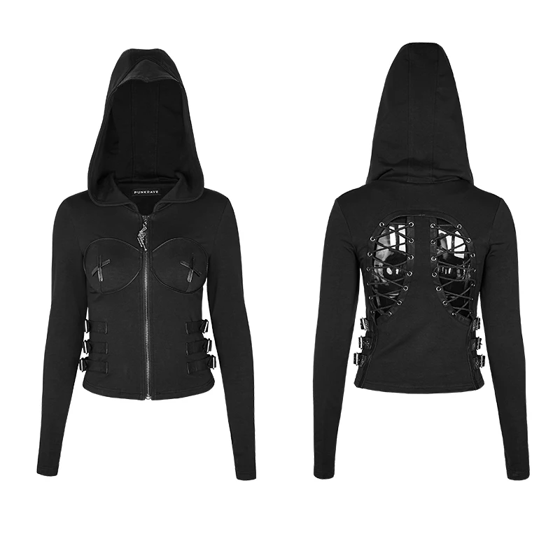 Панк Черная Женская короткая куртка на молнии Сексуальные облегающие толстовки