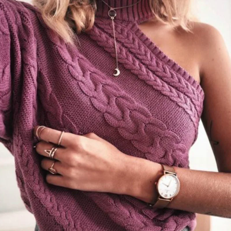 Женский трикотажный свитер на одно плечо элегантный мягкий эластичный пуловер с