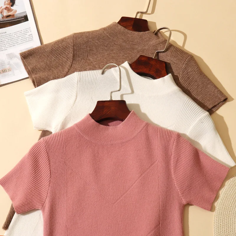 Wixra Warm and Charm Spring Women's Knitted Turtleneck Sweater Pullover Summer Soft Solid Short Sleeve Knitwear Jumper Top | Женская