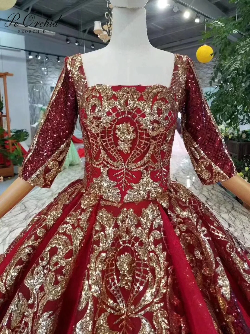 Роскошное вечернее платье PEORCHID Dubai с золотыми пайетками и рукавами 2019 открытой
