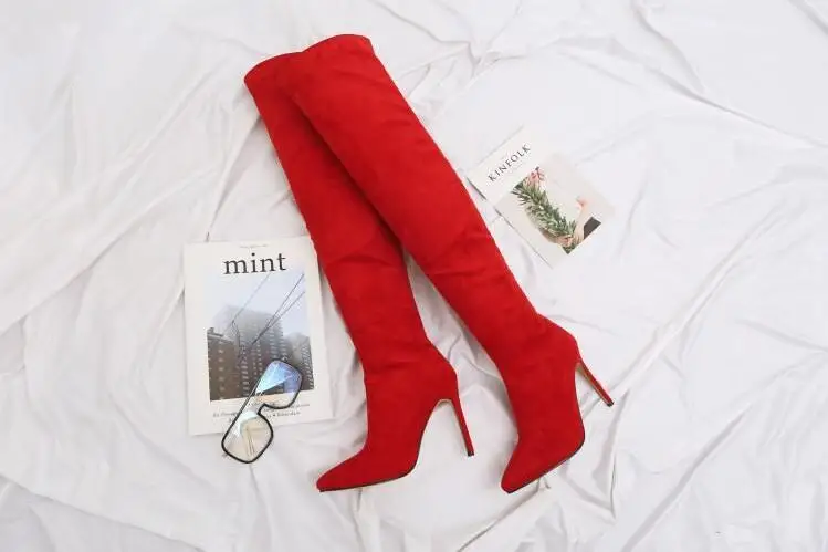 

2019 Winter Over The Knee Boots Women Red Suede Leather Pointed Toe Ladies Thigh High Boots Thin Heels Winter Long Boots
