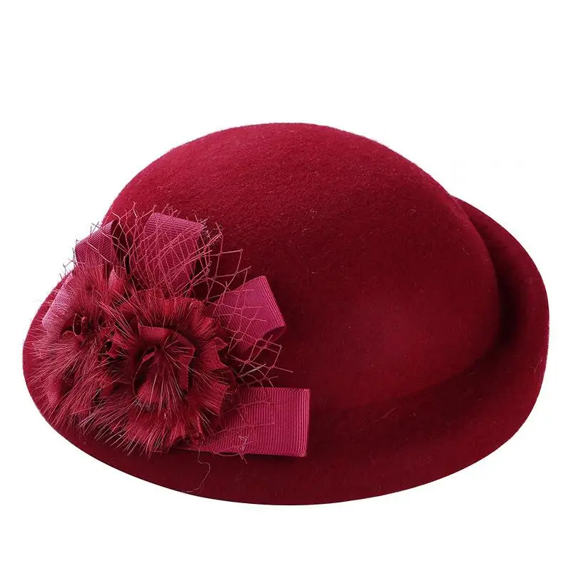 2017 new Winter Hat for Women Flower Warm Real fur Wool Beret Winter Cap Ladies Beanies Church Hats Cloche Bonnet Femme Fedoras images - 6