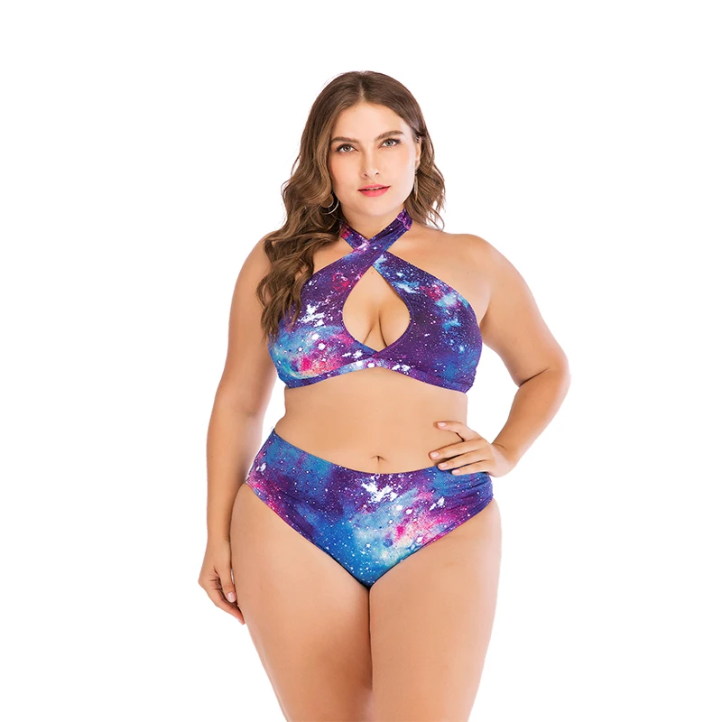 2019 Женский комплект бикини 4XL 5XL плюс Размер Galaxy печати Холтер купальник крест