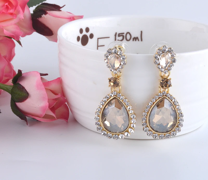 Rhineston капли воды дизайн стекла цвета шампанского Кристалл серьги-капли женские вечерние свадебное платье мотаться свадебные серьги
