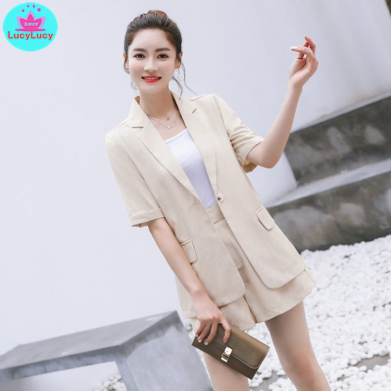 

2109 Summer Korean Women's Wear 2 Piece Set Playful Small Suit Shorts Set Notched Single Breasted Zipper Fly Short