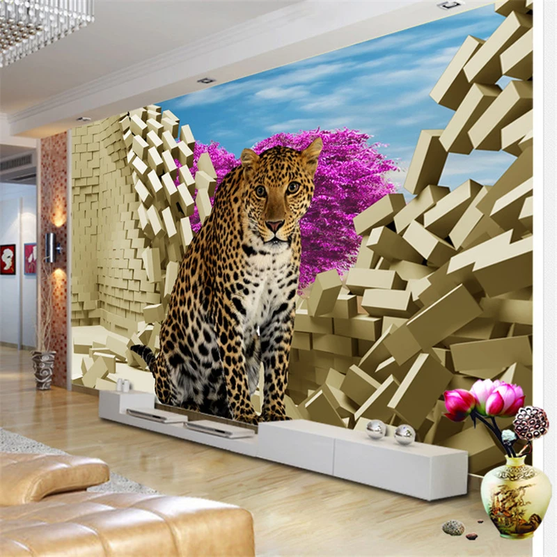 

beibehang Large custom wallpapers 3D wall broken beautiful leopard TV background living room bedroom home decoration