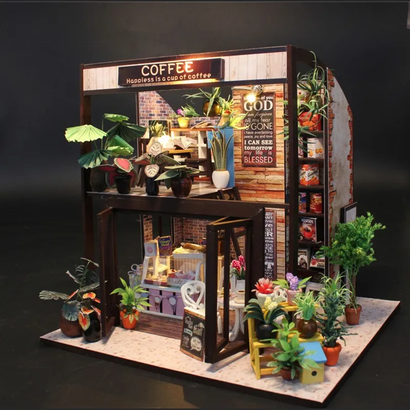 Hoomeda M027 Coffee House DIY Dollhouse With Music Motor Cover Light Miniature Model Toy Gift | Игрушки и хобби