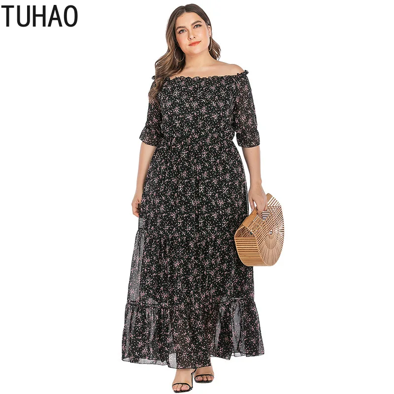 

5XL Plus Size Dress Ladies Floral Print Long Dresses Ruffles Slash Neck High Waist Summer Maxi Dress TZ7102