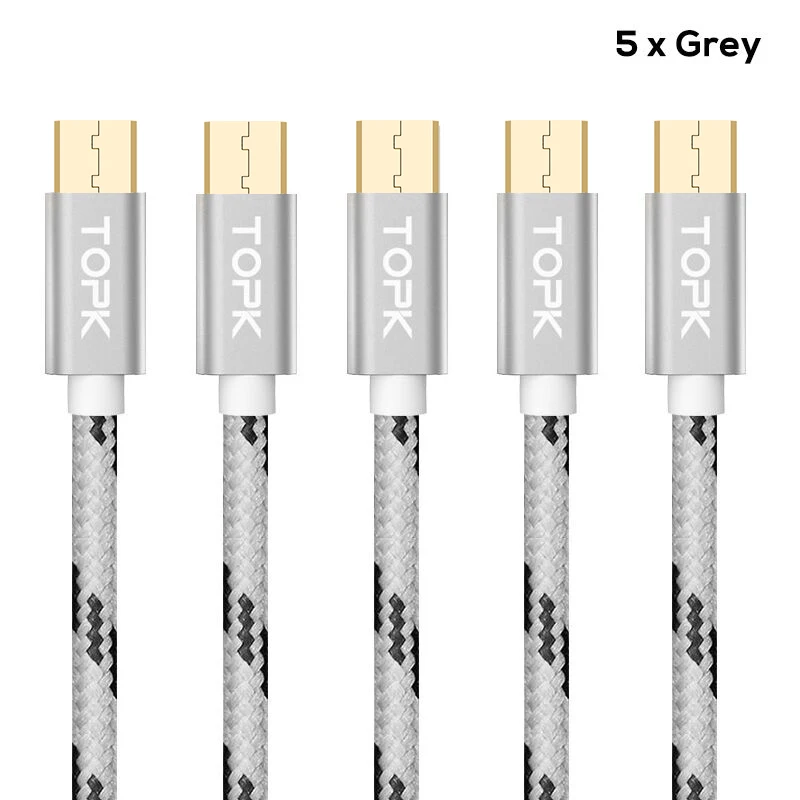 TOPK 5 шт микро USB кабель ультра прочный и кабель для передачи данных нейлоновая оплетка USB ЗУ для мобильного телефона кабель для samsung htc huawei - Цвет: 5 PCS Grey