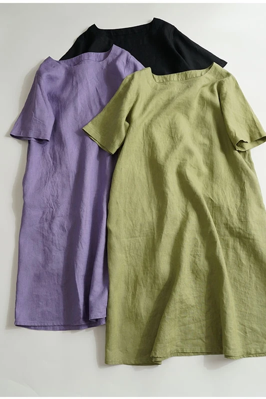 

Summer Women Loose Plus Size Japanese Style 14*14 Water Washed Linen Dresses 7 Colors
