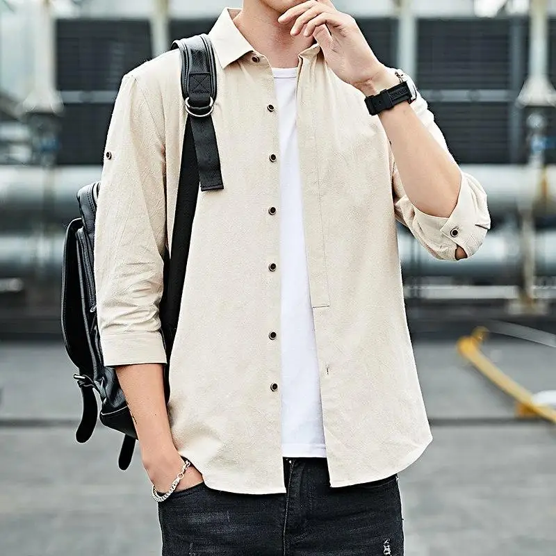 

LOLDEAL Short-sleeved Tropical Shirt Male Summer Pure Dress Shirt for Men