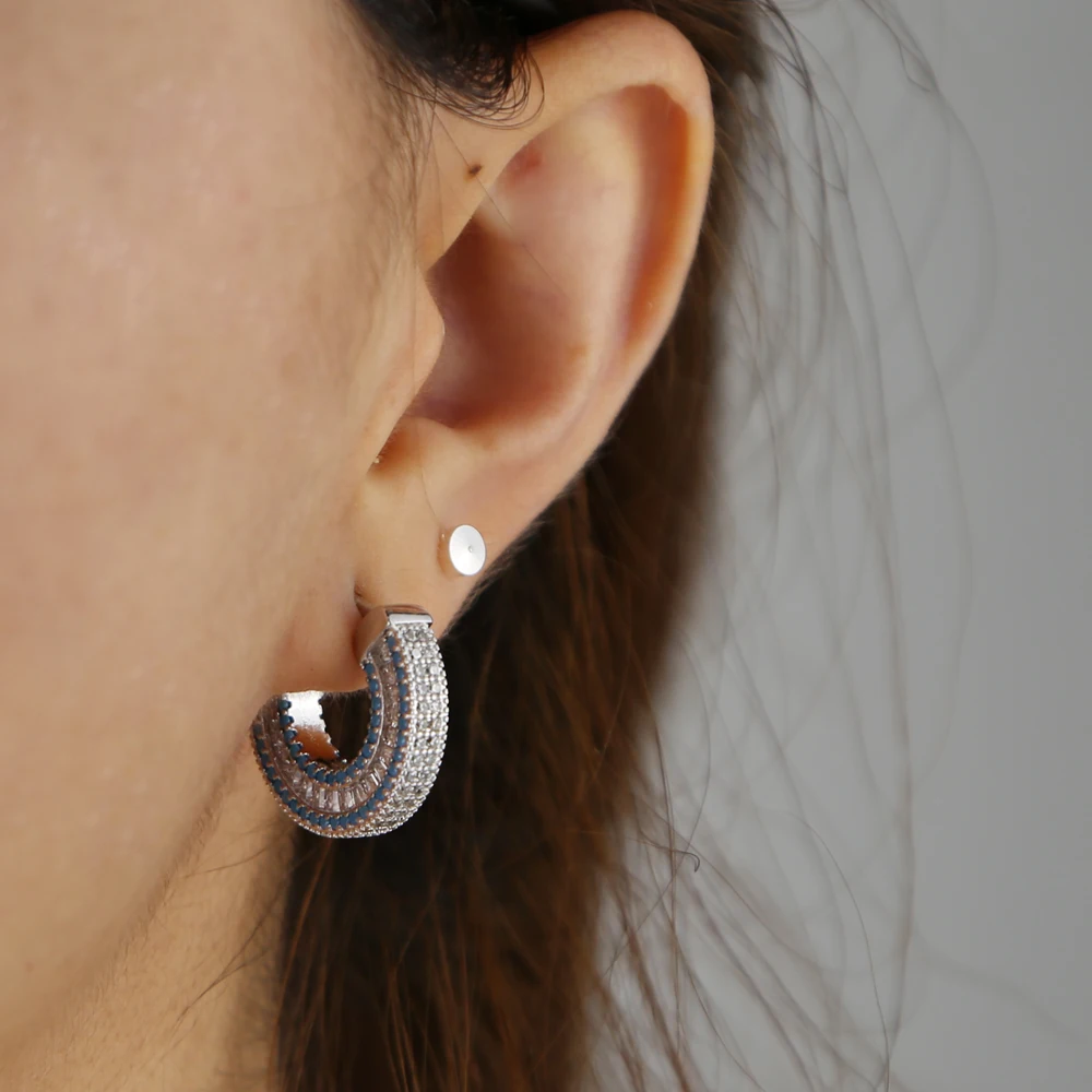 

New arrived hoop earrings with cz paved moon earring turquoises stone fashion gold silver color hoop earring for wedding