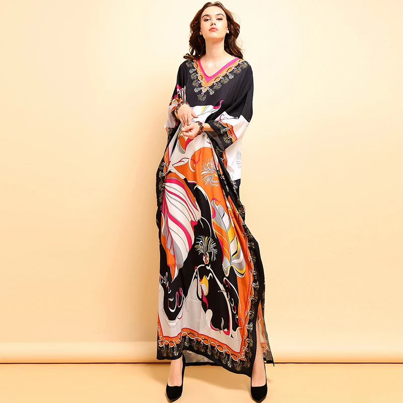 LD LINDA DELLA Fashion Runway Plus Size Dress Women's Batwing Sleeve Printed Side Split Vintage Vacation Loose Maxi Long Dresses