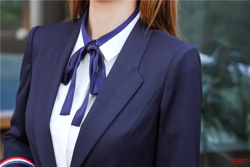 Высококачественные модные официальные женские костюмы с юбкой синий Блейзер и