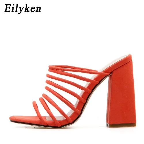 orange Eilyken/Новинка года; женские шлепанцы на квадратном каблуке; женские шлепанцы с открытым носком на высоком каблуке; модные сандалии для вечеринки; цвет оранжевый - Цвет: orange
