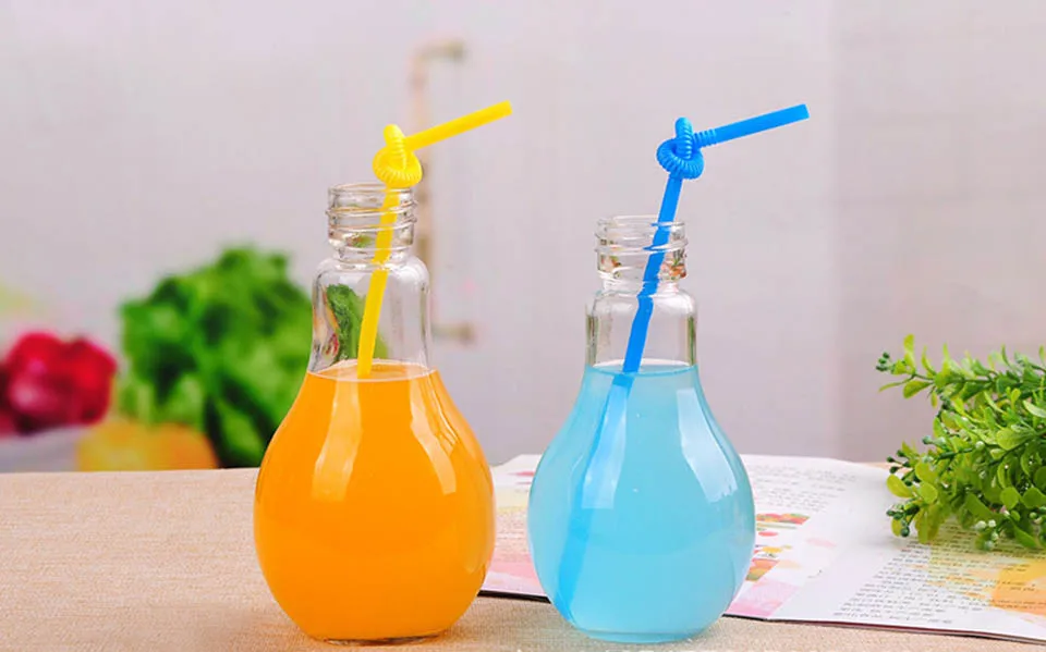 Стеклянная бутылка для воды 300 мл, креативный светильник Эдисона, бутылки с лампочками, герметичные, милые, модные, Молочный Сок, посуда для напитков с соломинкой