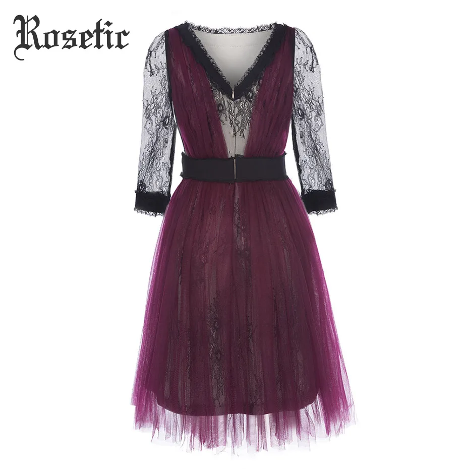 Purple Rosetic, женское винтажное платье в готическом стиле, фиолетовое Сетчатое платье трапециевидной формы с полурукавом, прозрачные вечерние платья для путешествий, сексуальное повседневное кружевное платье с открытой спиной для девочек - Цвет: Purple