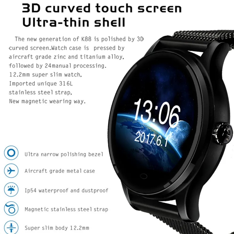 Мода Smart Watch K88 для Android IOS 1.22 дюймов емкостный Сенсорный экран Поддержка SMS