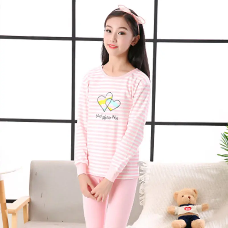 Pink love Детская одежда хлопковый костюм Qiuyi Qiuku для больших детей детские блузки с круглым вырезом для мальчиков и девочек, пижамы из двух предметов - Цвет: Pink love