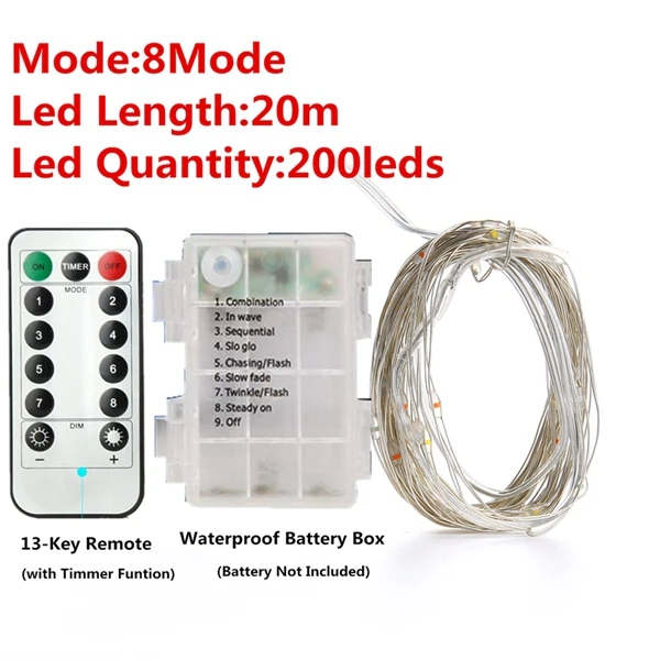 20m 200led 8mode 8 режимов 33 фута 100 светодиодные гирлянды с батареей дистанционного управления таймером управляемый водонепроницаемый медный провод мерцающий свет - Испускаемый цвет: 20m 200led 8mode