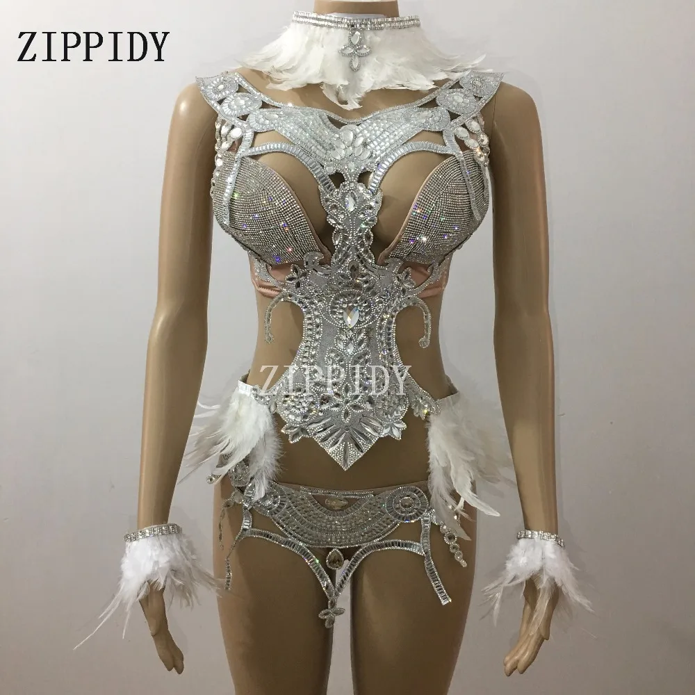

Luxurious Bright Black Silver Rhinestones Sparkly Crystals Feather Outfit Costume Set Birthday Female Singer Stage Wear Set