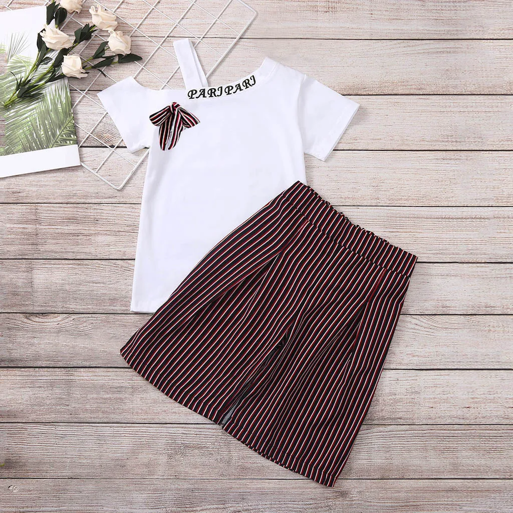 

Toddler Kids Baby Girl Bowknot T shirt Tops Striped Loose Pants Clothes Set